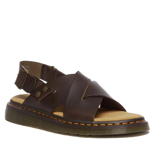 Dr Martens Zane Brown Brando Leather Sandal, a comfy brown sandal with slingback closure, cushioned footbed, and sturdy sole.  ksnz