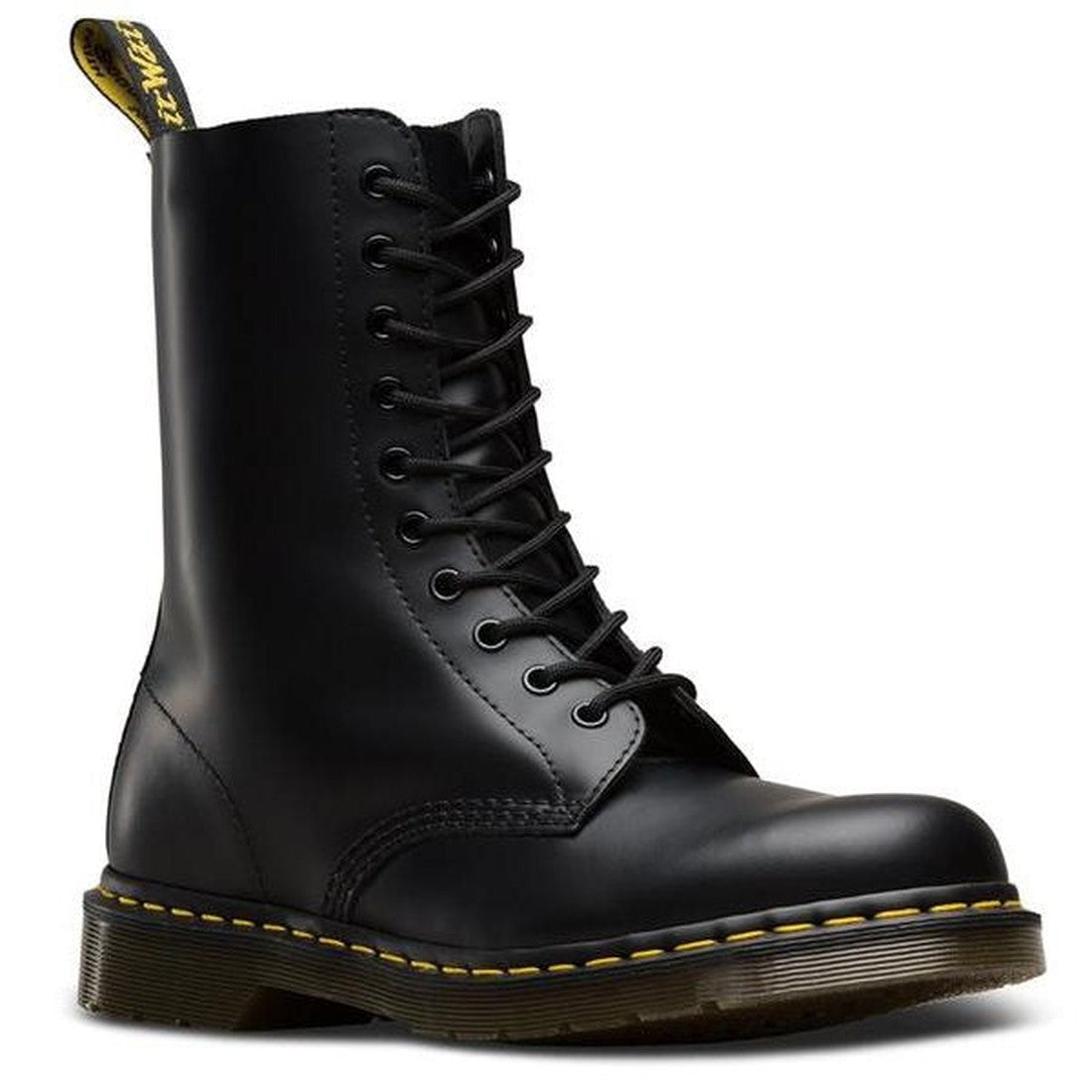 Dr Martens Unisex 1490 Black Boot with a sturdy sole, yellow stitching, lace-up front, and pull tab—perfect for lasting family wear.  ksnz