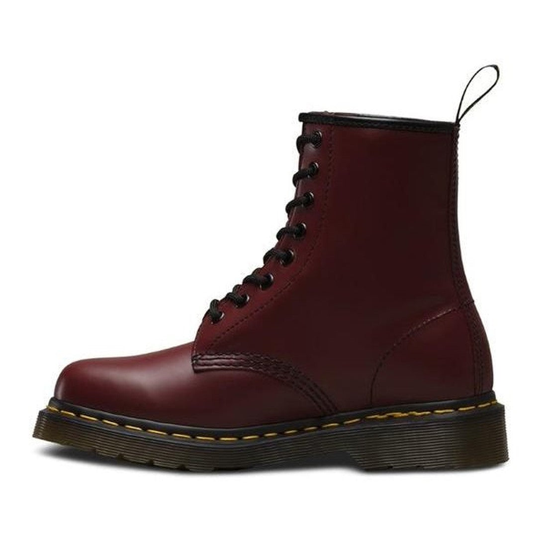 A single Dr Martens 1460 Cherry Red 1460Z DMC 8 Up Boot Smooth, featuring black trim, yellow sole stitching, and a black pull tab, is displayed in profile against a white background., 800090827682, 800090827705, 800090827712, 800090827729, 800090827736, 8