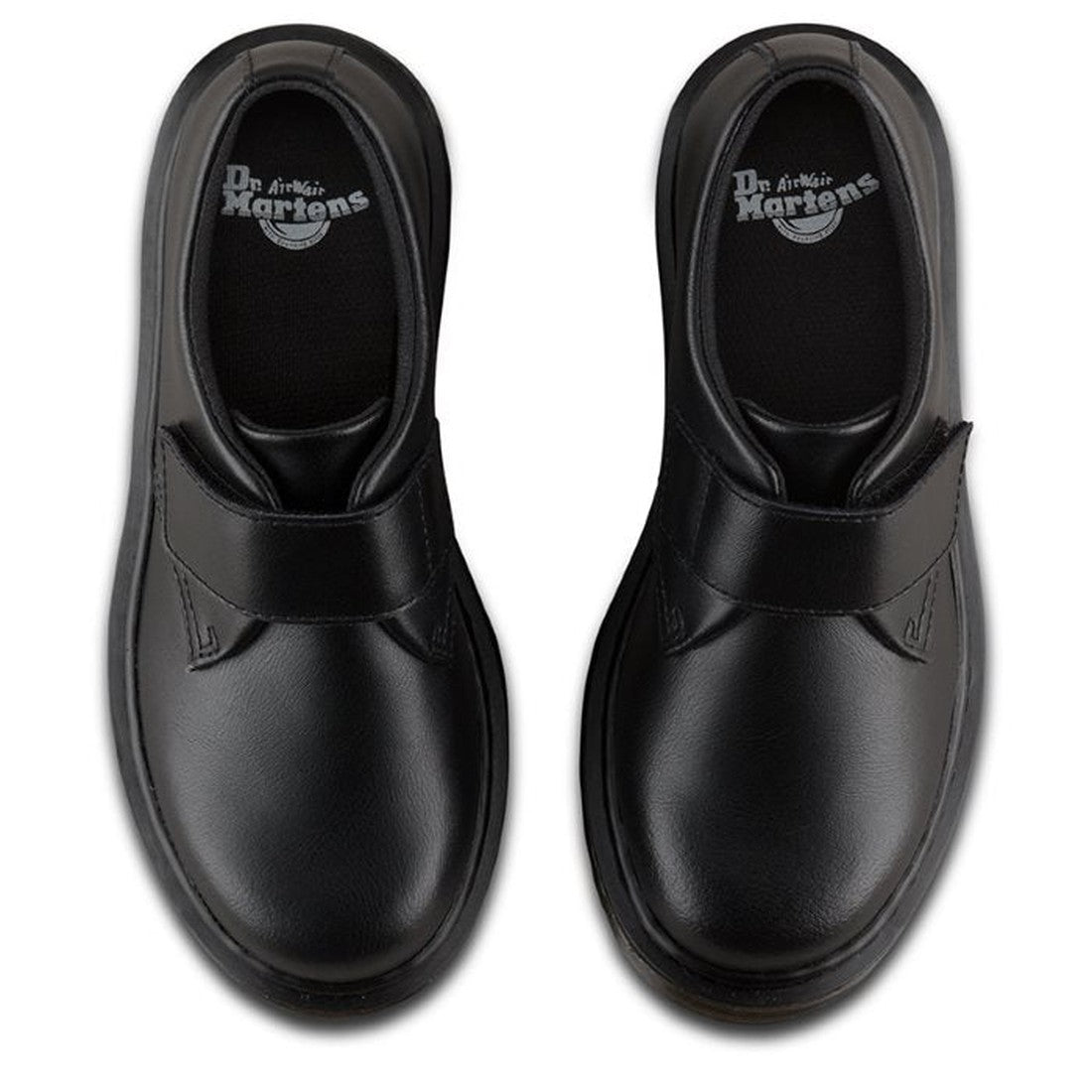 A top-down view of Dr Martens Kids Kamron II Mono Velcro Junior Black School Shoes (UK10-3), featuring velcro straps, round toes, logo insoles, and a durable leather school design., 190665681185, 190665681208, 190665681222, 190665681239, 190665681130, 190