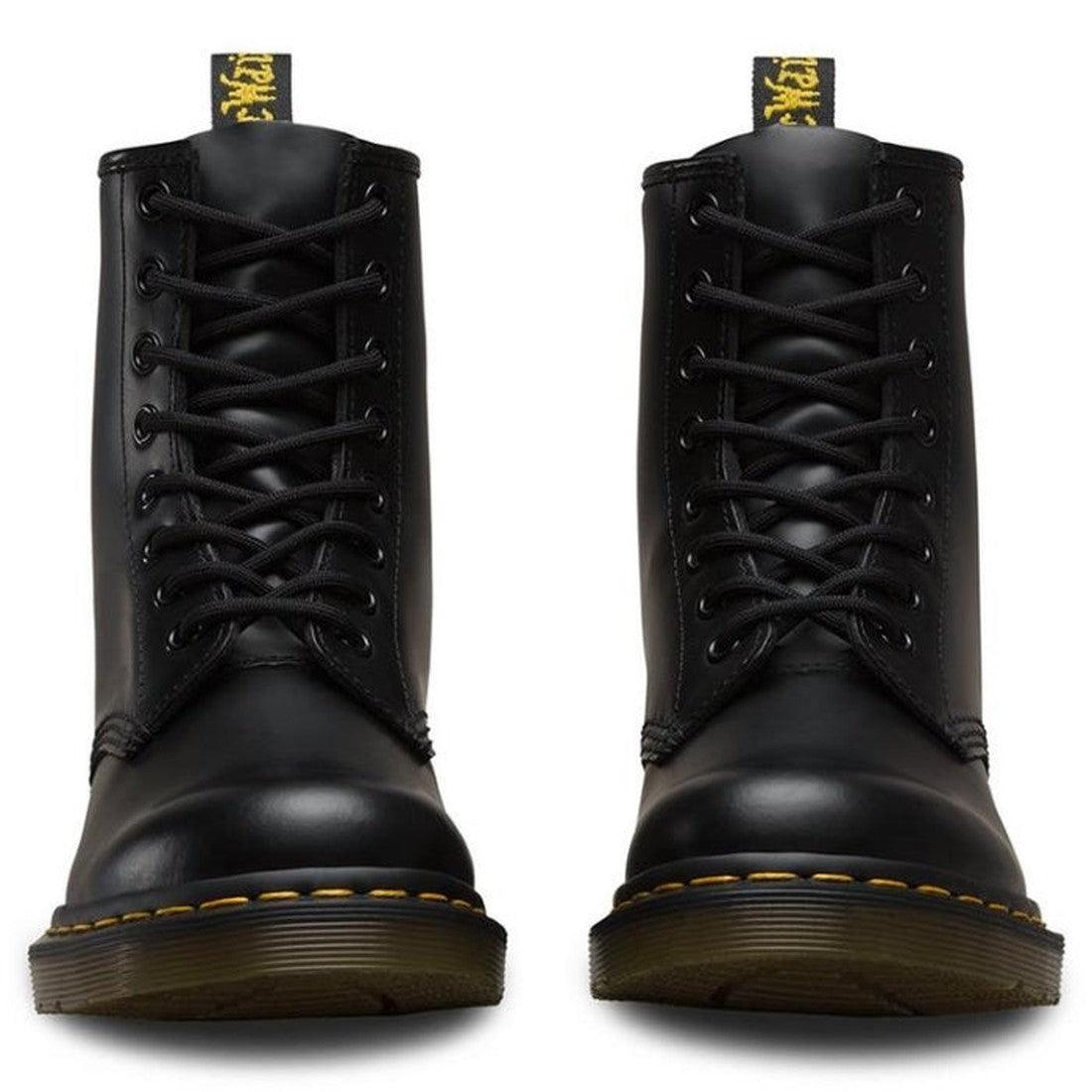 Dr. Martens 1460 Smooth Black leather 8‑eye boot front view both left and right feet showing laced up and yellow stitching around the sole,
800090828511, 800090828535, 800090828542,800090828559.800090828566,800090796377,800090796391, 800090796384, 8000907
