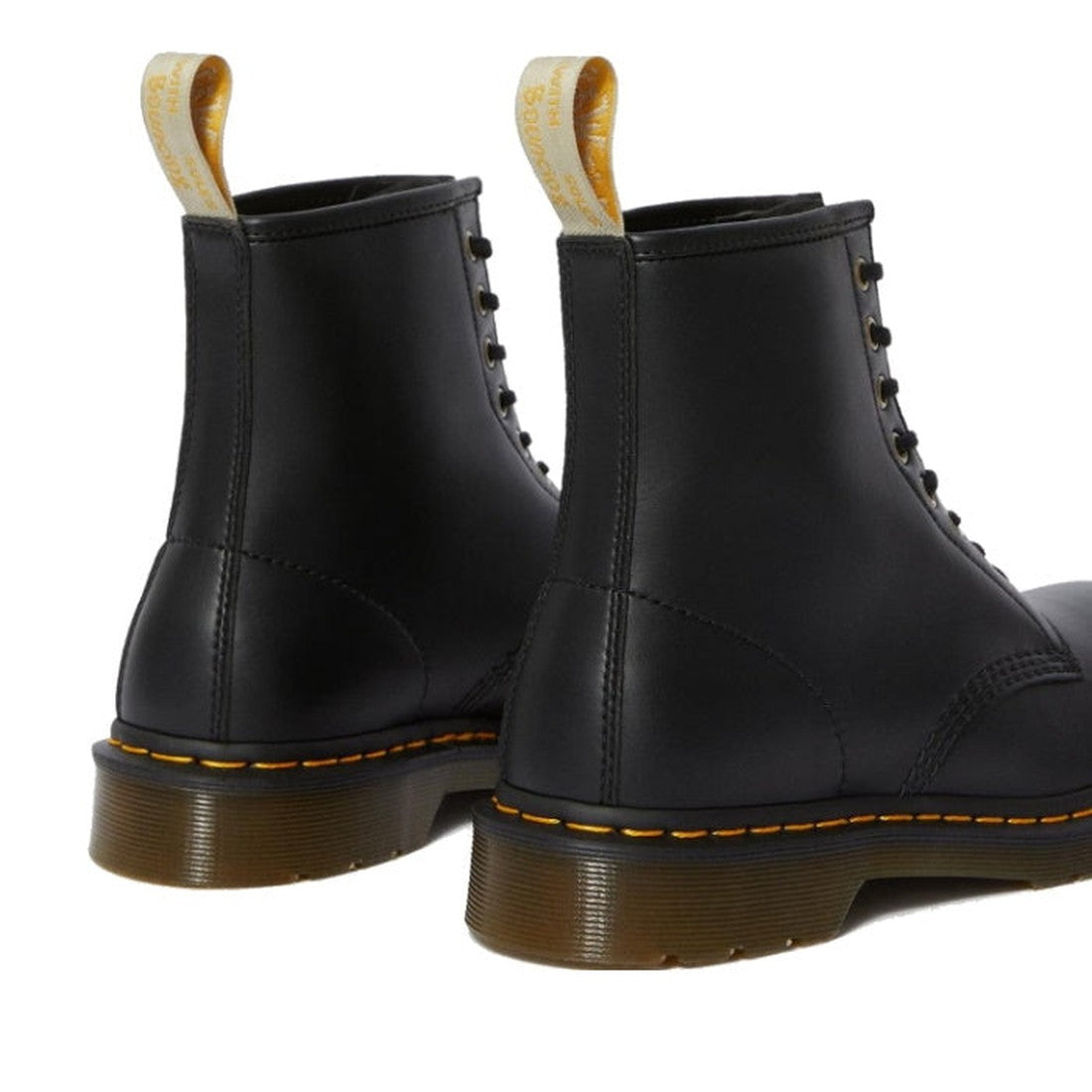 Dr Martens - Vegan 1460 Black Felix Boot: Classic black vegan lace-up boots, comfy brown translucent soles, yellow stitch and pull tab.  ksnz, 883985340305, 883985340312, 883985340329, 883985340336, 883985340343, 883985340350, 883985340367, 883985340374, 883985340381, 883985340398