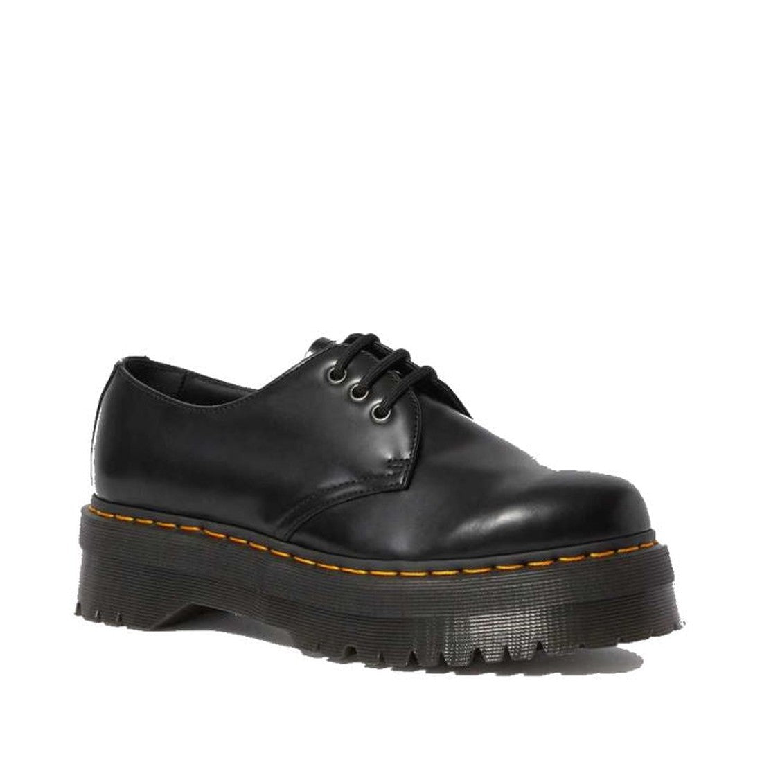 Dr Martens 1461 Quad Polished Black Shoe is a stylish lace-up with a sturdy platform sole and bright yellow stitching, on white.  ksnz