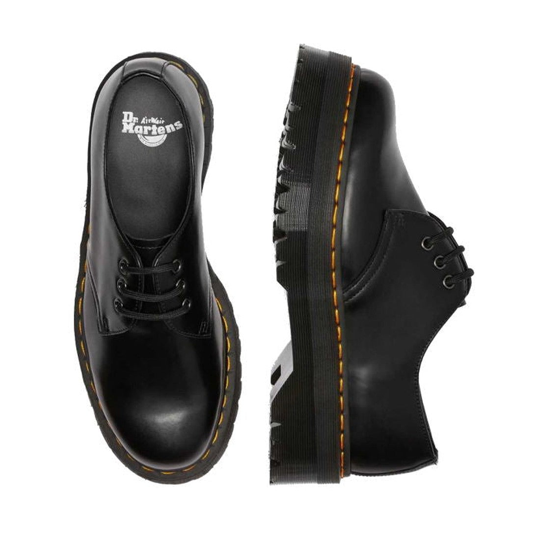 Dr Martens - 1461 Quad Polished Smooth Platform Shoe, a classic black lace-up with sturdy platform sole and signature yellow stitching.  ksnz, 190665329445, 190665329452, 190665329469, 190665329476, 190665329483, 190665329490, 190665329506, 190665329513, 190665329520, 190665329438