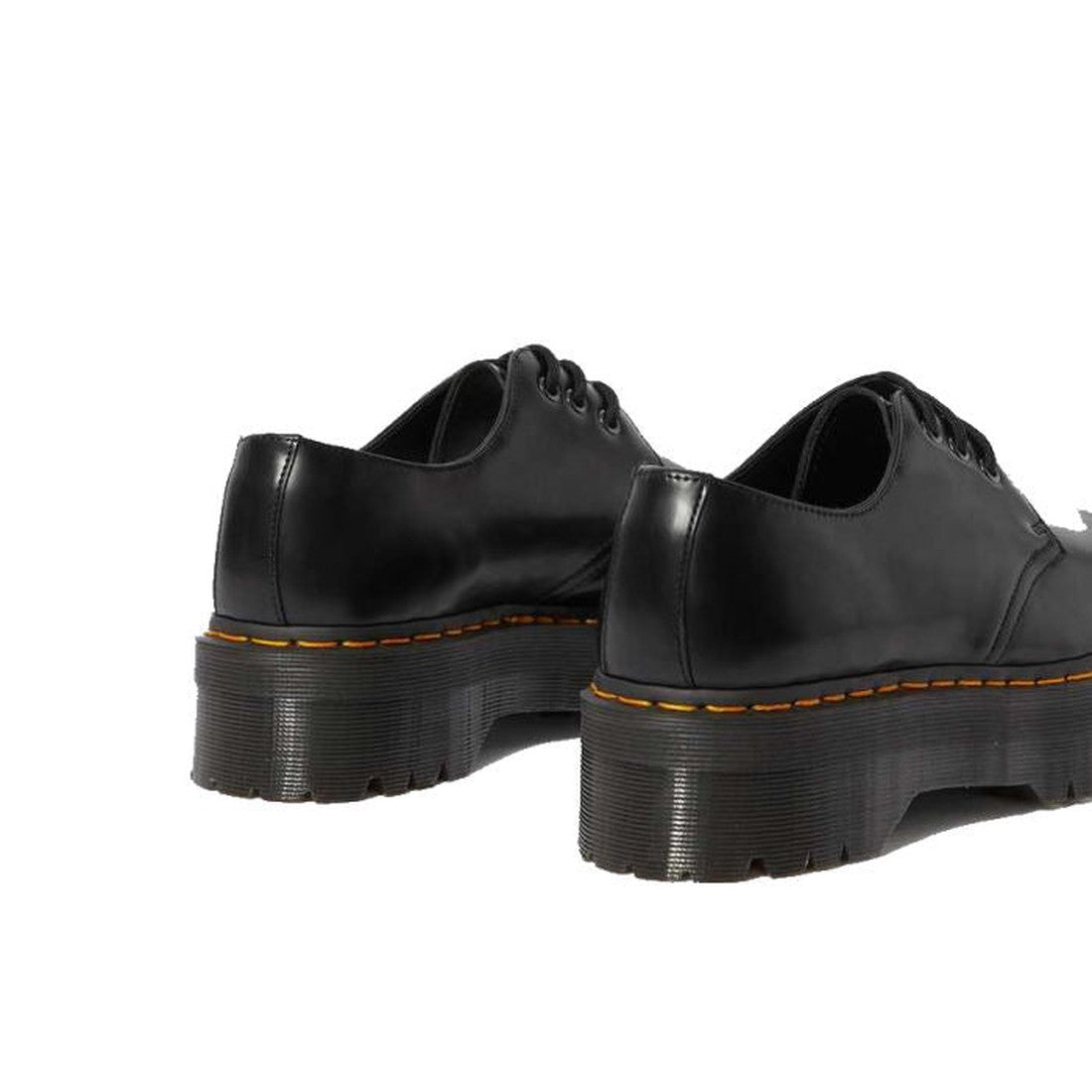Dr Martens 1461 Quad Polished Smooth Platform Shoe in black, a sturdy 3-eye lace-up with chunky sole and yellow stitching, rear side view.  ksnz, 190665329445, 190665329452, 190665329469, 190665329476, 190665329483, 190665329490, 190665329506, 190665329513, 190665329520, 190665329438