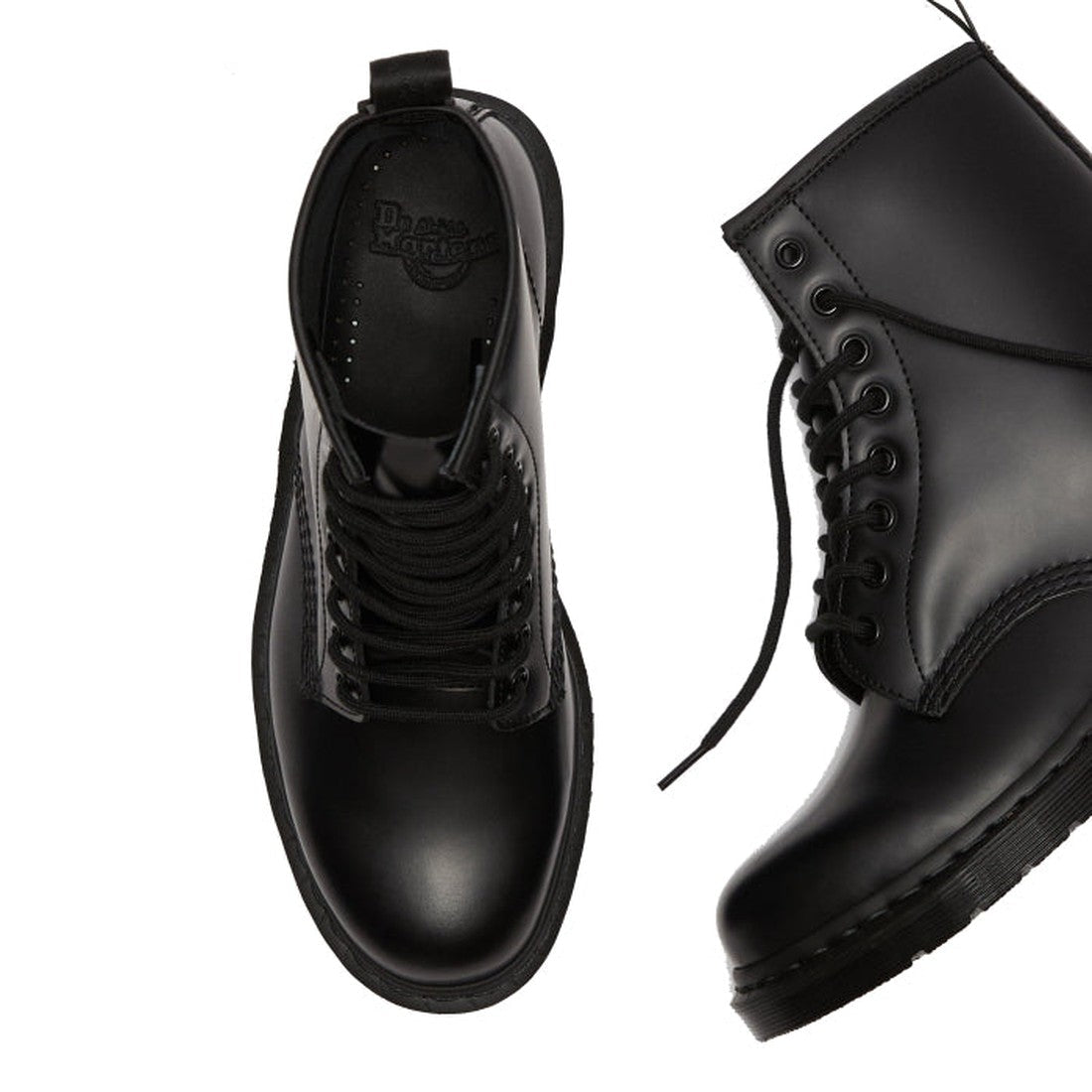 The Dr Martens 1460 Black MONO 8 Up Boot Smooth is shown from top-down and side angles on a white background, featuring a smooth leather finish, visible stitching, and the classic air-cushioned sole., 883985396401, 883985396418, 883985396425, 883985396449