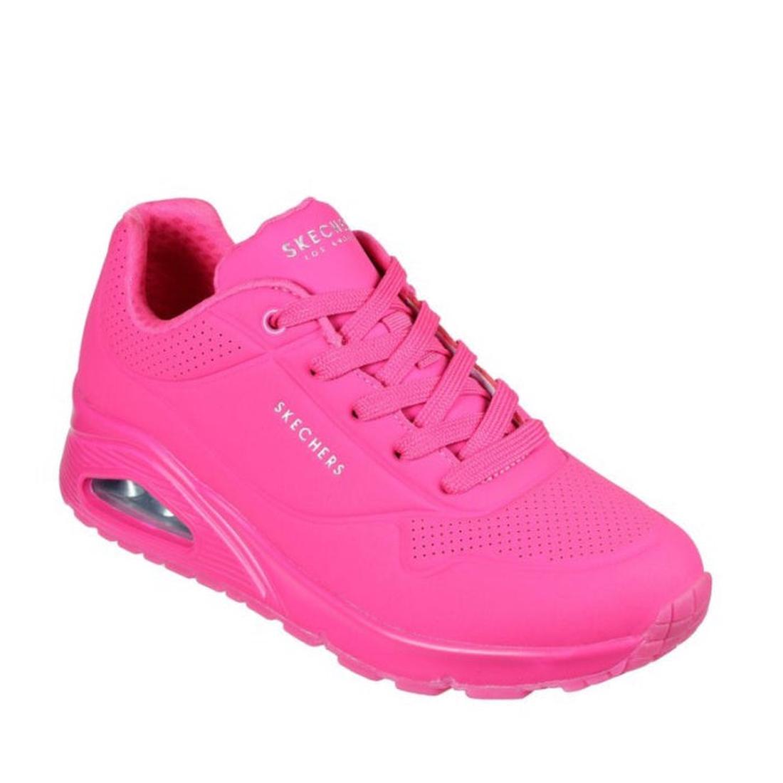 The Skechers Uno Night Shades Women's Trainer in vibrant pink has comfy laces, a cushioned sole, and breathable perforated details.  ksnz