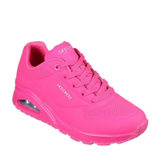 The Skechers Uno Night Shades Women's Trainer in vibrant pink has comfy laces, a cushioned sole, and breathable perforated details.  ksnz