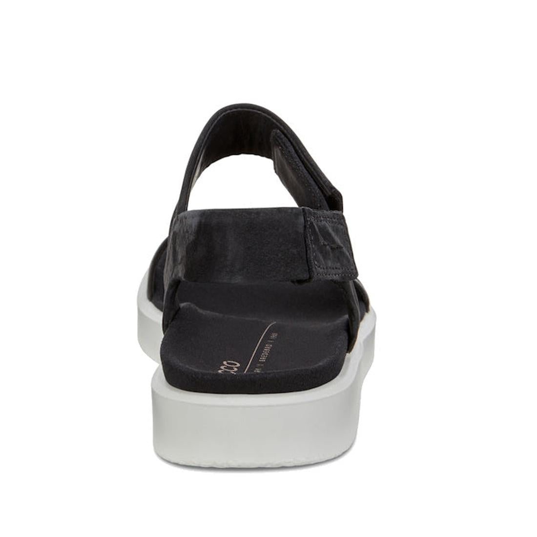 The Ecco Flowt Black Womens Active Sandal features a black minimalist design with a thick white sole, closed heel strap, open toe, visible stitching, and cushioned footbed for versatile comfort—shown from the back., 48662, 809704992501, 809704992518, 8097