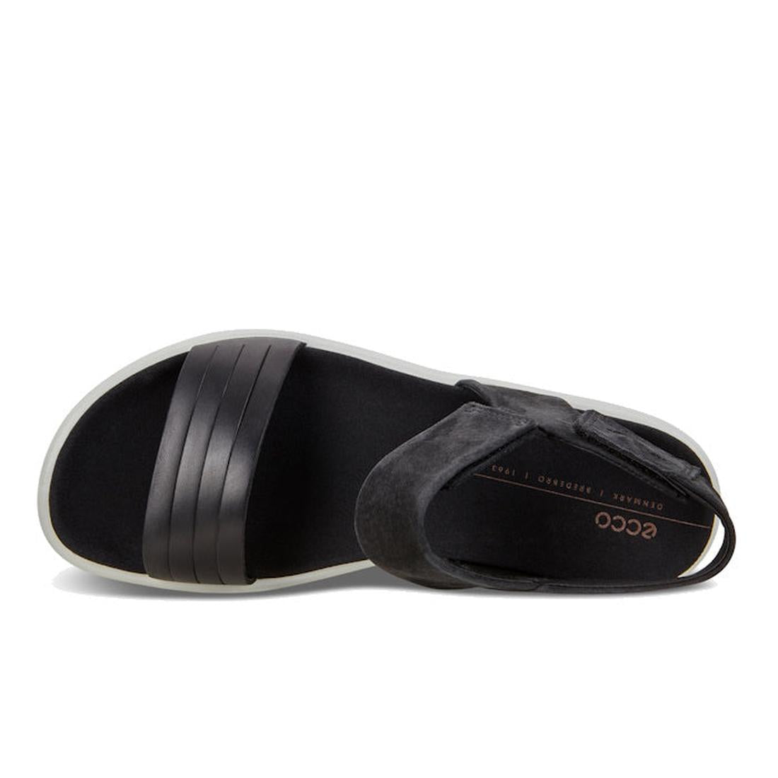 Top view of the Ecco Flowt Black Womens Active Sandal, featuring wide black leather toe straps, an open heel with slingback, and a contrasting white sole for a modern, versatile style., 48662, 809704992501, 809704992518, 809704992525, 48666
