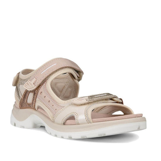 The ECCO Offroad Limestone Women’s Active Sandal in light pink features adjustable Velcro straps, a cushioned insole, and a white textured rubber sole—ideal for all-day comfort and style, shown on a plain white background.