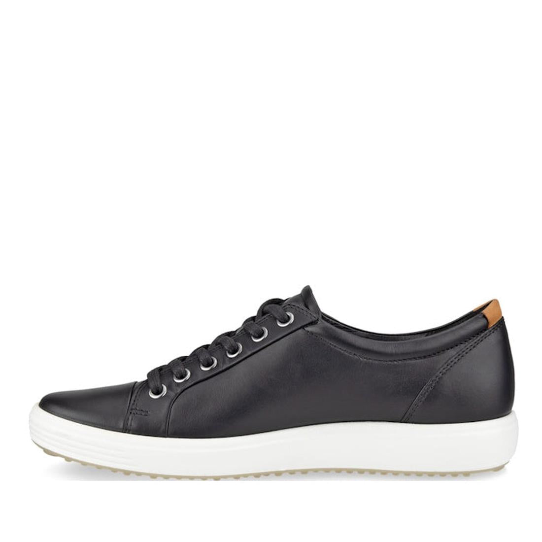 Ecco Soft 7 Sneakers for women in classic black leather, with comfy white sole, easy black laces, and a stylish tan heel detail.  ksnz, 737431676282, 737431676299, 737431676305