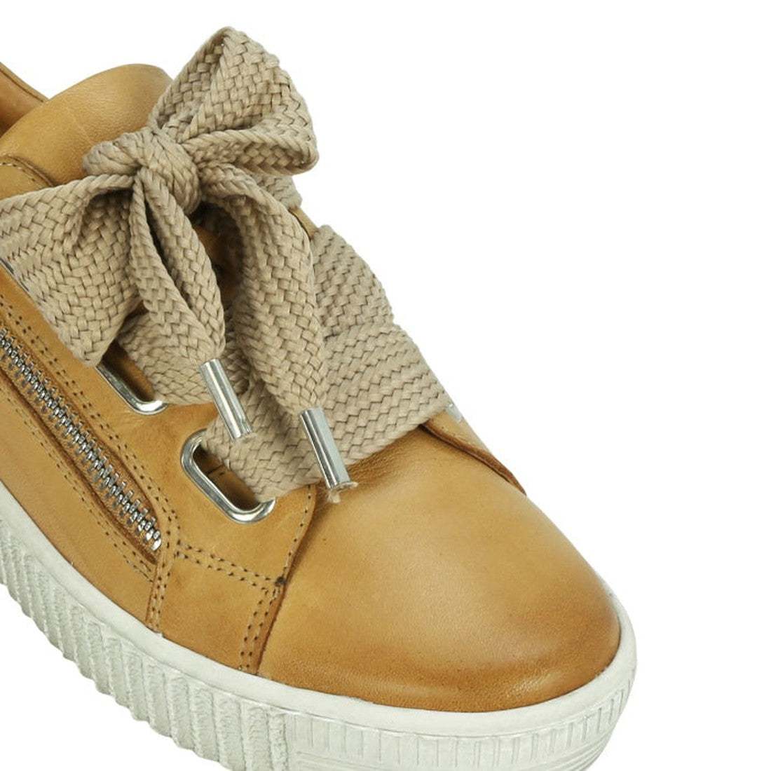 A close-up of the EOS Jovi Leather Trainer in tan Italian aniline leather shows thick beige laces, metal tips, a white rubber sole, and a side zipper—ideal for those seeking comfortable and stylish casual shoes., 10040, effegiejovitan137, effegiejovitan13