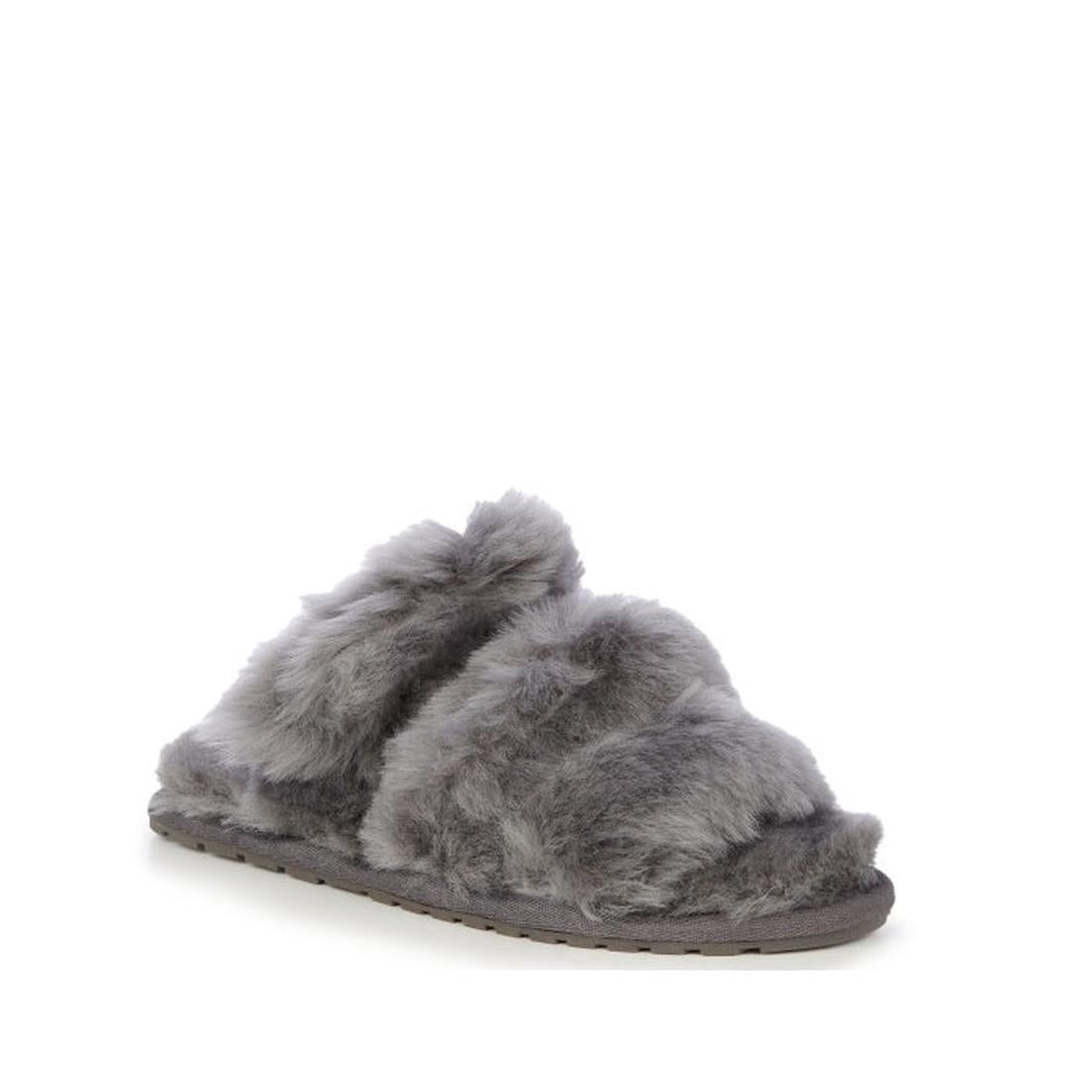EMU NZ Women’s Jacana Charcoal Grey Sheepskin Scuff Slipper with cozy crisscross straps, soft flat sole, and easy open toe.  ksnz