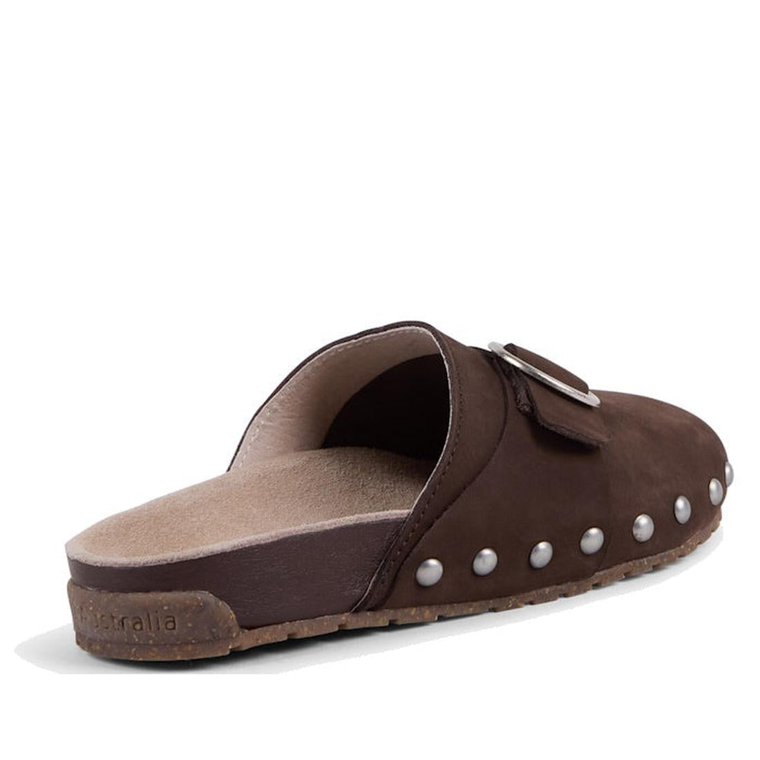 Brown EMU Amber Scuff sandal with studded details on a white background, looking from rear to front view. Shows slight build up in the heel and slight arch support.,
9330071982563,
9330071982570,
9330071982587,, 9330071982563, 9330071982570, 9330071982587
