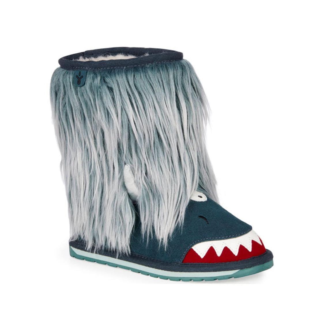 The EMU Kids Monster Creatures Wool Boot in Teal features long gray Merino wool fur, white horns, a monster face, and red-and-white jagged teeth on the toe for a playful look. This single children’s boot has a flat sole and fun design.