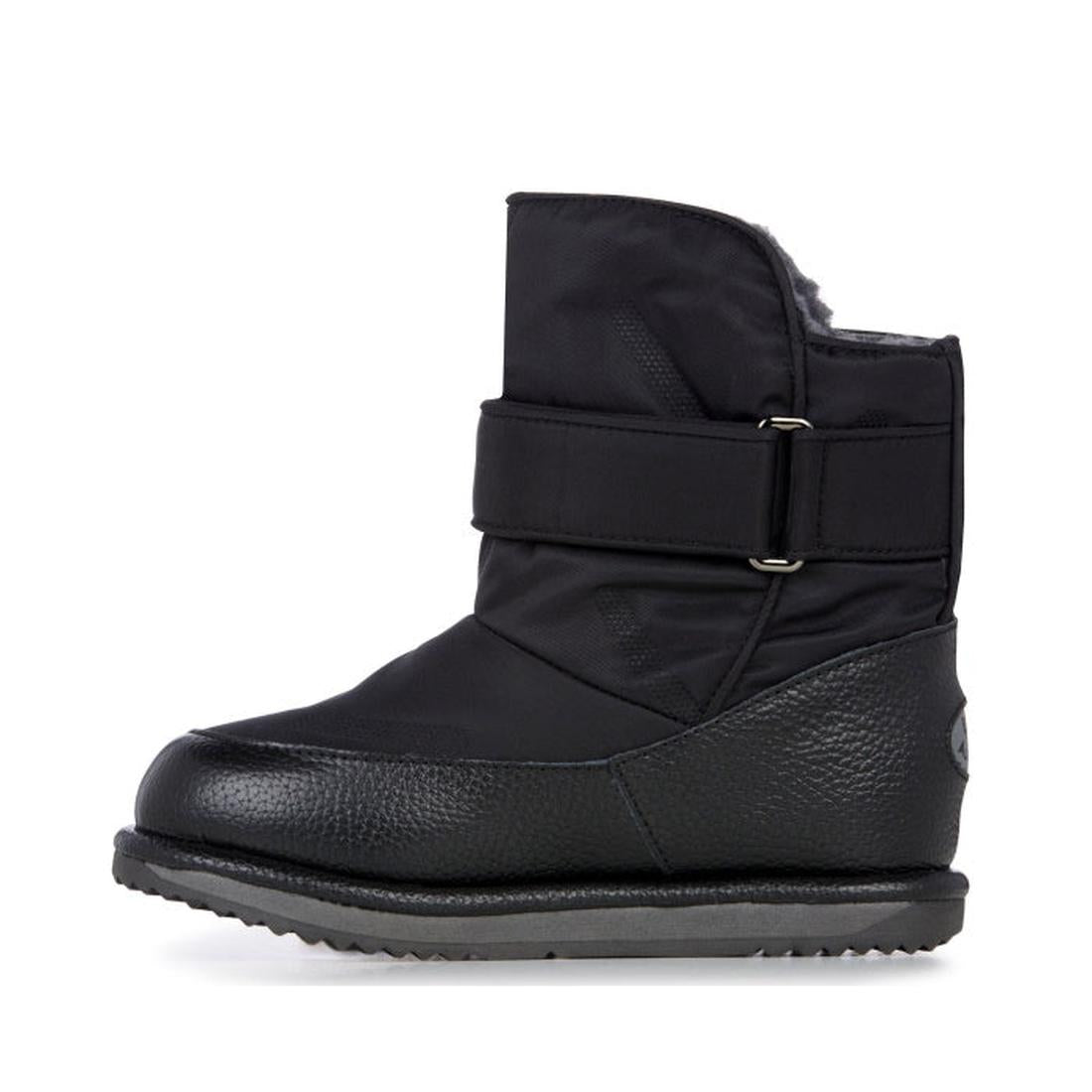 The EMU Kids Roth Black Boot—waterproof with a textured rubber sole, thick fabric upper, metal-buckled strap, and Australian Merino wool lining—is shown in side profile against a white background., 9330071858516, 9330071858523, 9330071858530, 933007185854