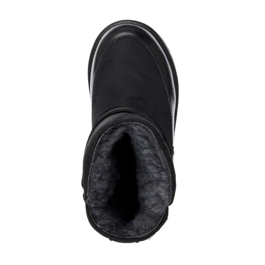 Top view of the EMU Kids Roth Black Boot Waterproof Wool Lines Clearance, a sturdy children's boot with a wide opening, visible stitching, and thick Australian Merino wool lining for warmth and comfort., 9330071858516, 9330071858523, 9330071858530, 933007