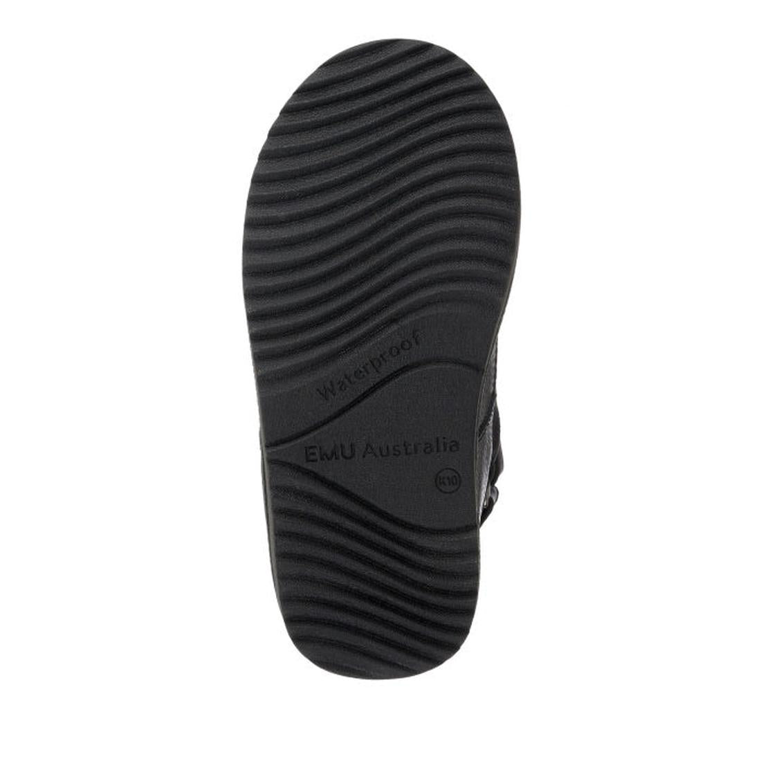 The EMU Kids Roth Black Boot features a black waterproof sole with a wavy tread, "EMU Australia" branding, EU size mark, and showcases the quality of Australian Merino wool—perfect for durable children’s boots., 9330071858516, 9330071858523, 9330071858530