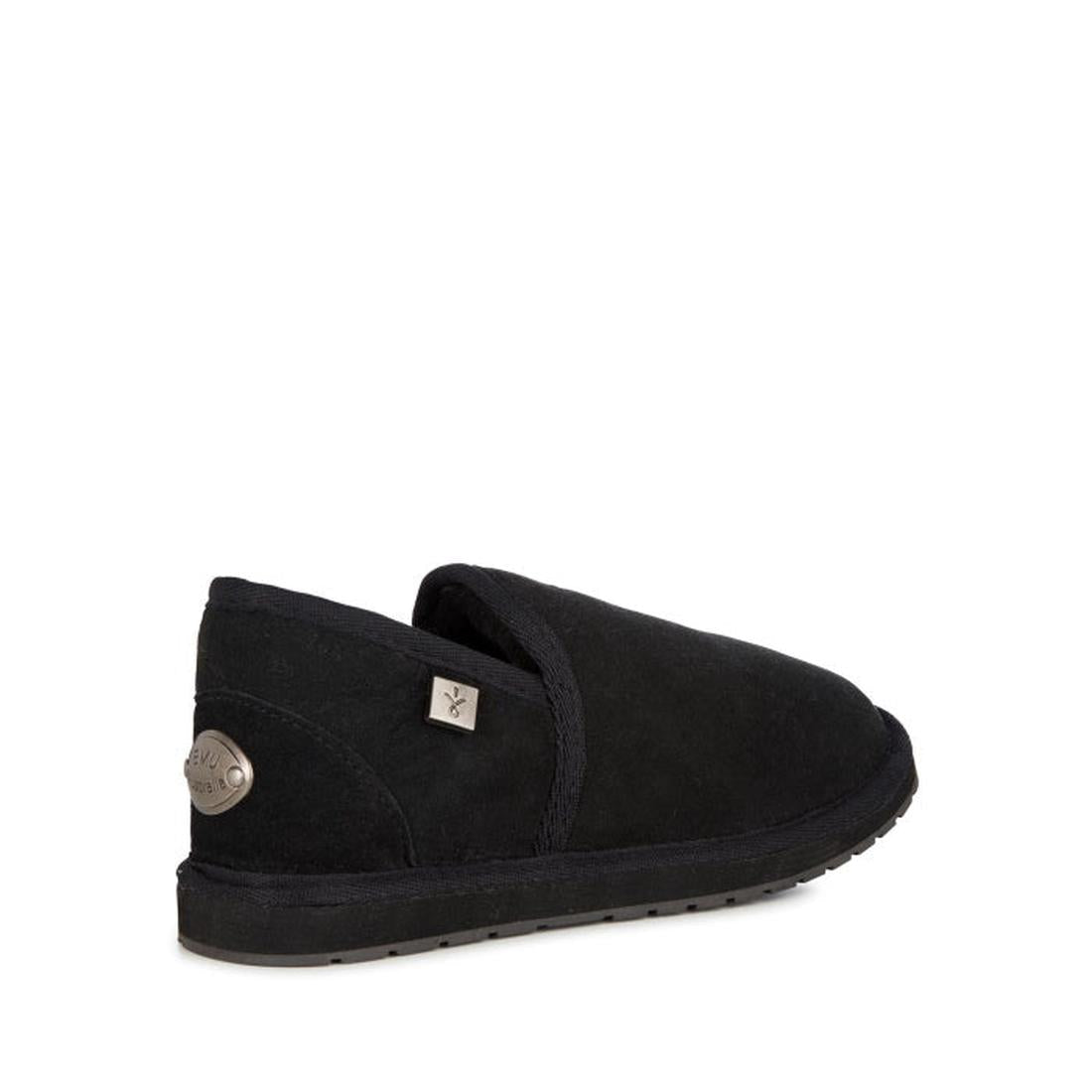 EMU NZ Ashford Slipper: cozy black suede slip-on for all, with a flat rubber sole, rounded toe, and soft sheepskin lining.  ksnz