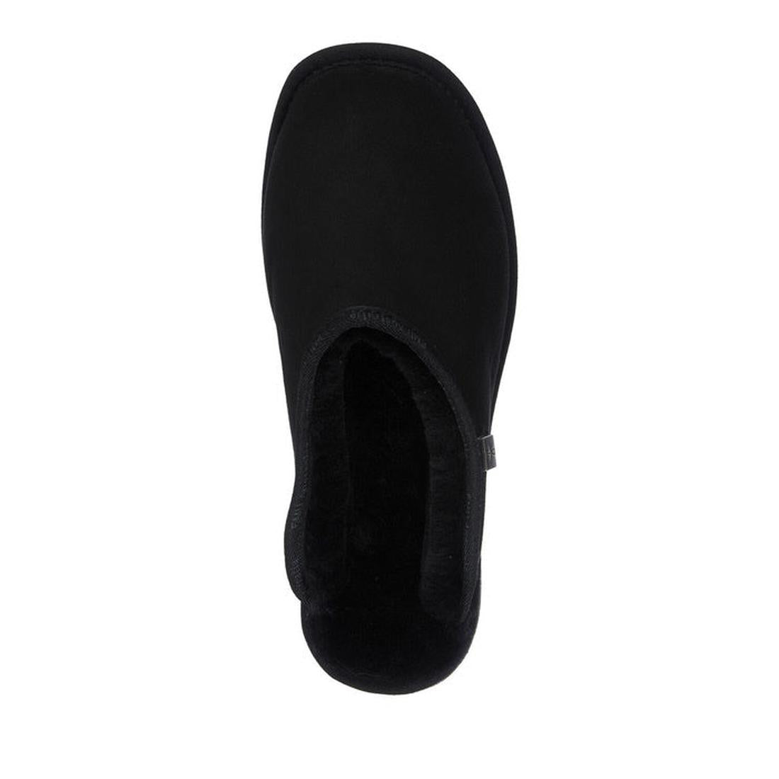 A top view of the EMU Mens Platinum Esperance Scuff Slipper Slip On Sheepskin Unisex Black, made from Australian double face sheepskin with a low back and plush lining, displayed on a white background., 9330071272107, 9330071272114, 9330071272121, 9330071