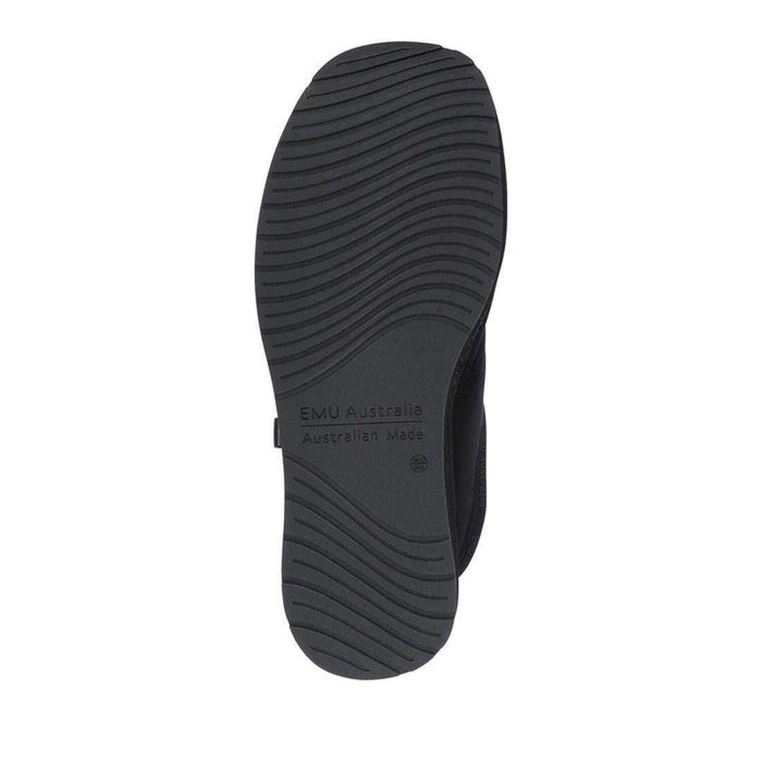 The sole of the EMU Mens Platinum Esperance Scuff Slipper Slip On Sheepskin Unisex Black features wavy treads and an embossed EMU Australia Australian Made logo, emphasizing authenticity against a white background., 9330071272107, 9330071272114, 933007127