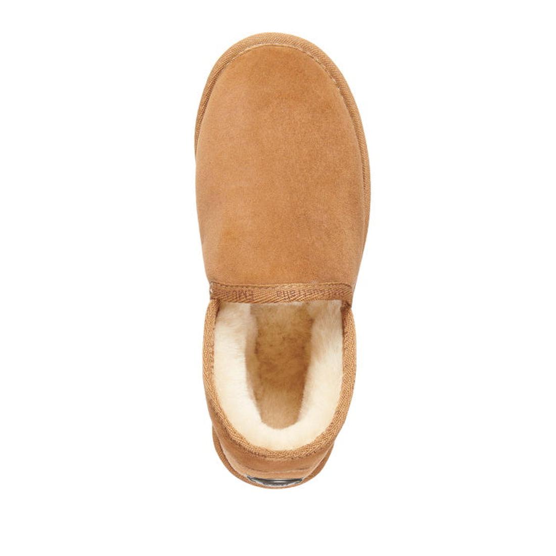 EMU NZ Ashford Slipper Slip On Sheepskin Unisex in Chestnut—easy slip-on style, tan suede, cozy cream lining, and sturdy sole.  ksnz