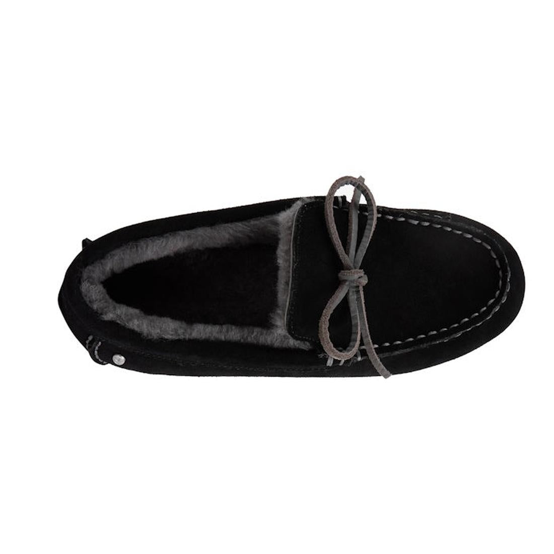 EMU NZ Sandrine Moccasin Sheepskin Slipper in black with cozy gray sheepskin lining, easy slip-on style, and non-slip sole.  ksnz