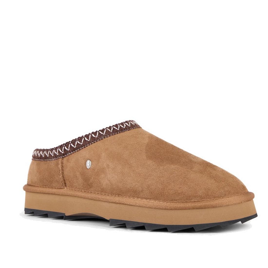Right foot side view of EMU Outback Sharky scuff womens sheepskin tan slipper with decorative trim on a white background.,
