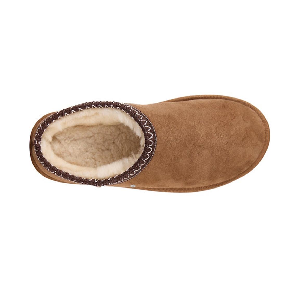EMU Outback Sharky scuff Sandal Mule in Tan, top down view shwing sheepskin inner lining and brading around the ankle of the shoe. Brown slipper lining on a white background.,
9330071968499,
9330071968505,
9330071968512,
9330071968529,, 45249, 93300719684