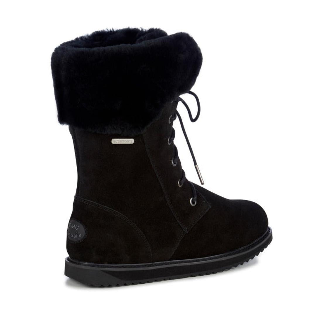 The Emu - Women's Shoreline Sheepskin Waterproof Boot blends cozy black suede, plush fur cuff, lace-up front, and sturdy rubber sole.  ksnz