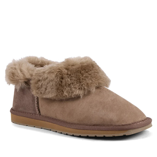 EMU NZ Womens Mintaro Sheepskin Slipper in Mushroom—tan suede, plush faux fur collar, flat rubber sole. Easy to slip on and super cozy.  ksnz
