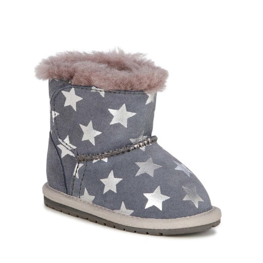 EMU NZ Starry Night Walker baby bootie in Grey—snuggly wool slipper for toddlers with pink lining, star accents, soft sole, and easy fit.  ksnz
