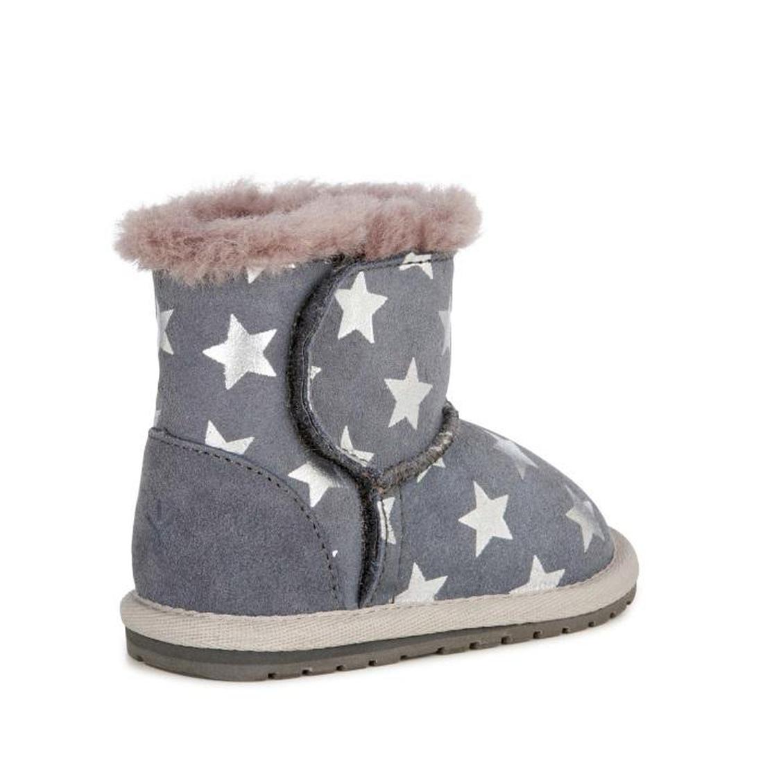 EMU NZ Starry Night Walker baby bootie—grey with white stars, pink cozy lining, beige sole. Soft slip-on for toddlers, no returns.  ksnz