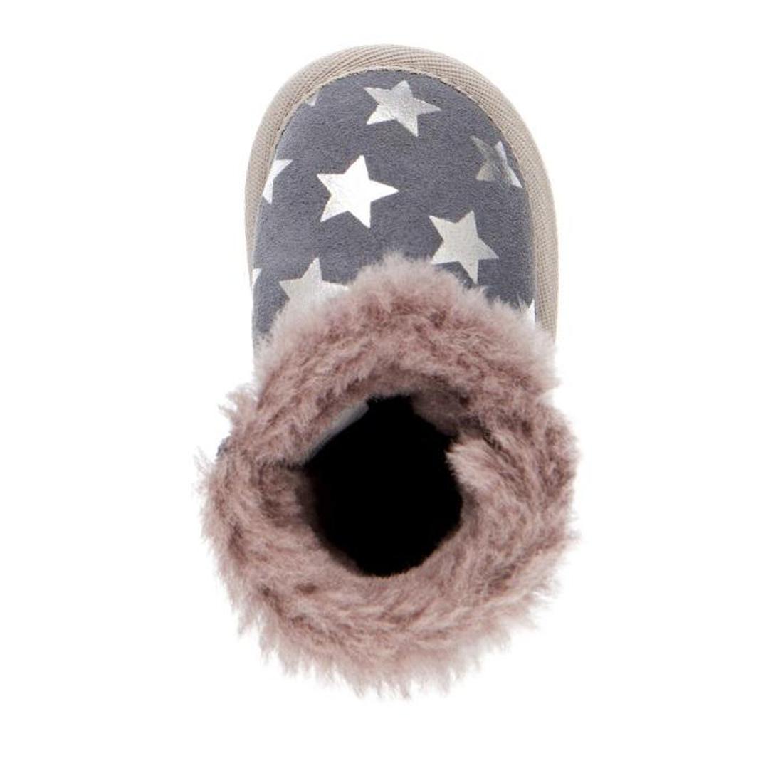 EMU NZ Starry Night Walker baby bootie in cozy grey with playful white stars, soft fluffy lining, flexible sole, shown from above.  ksnz