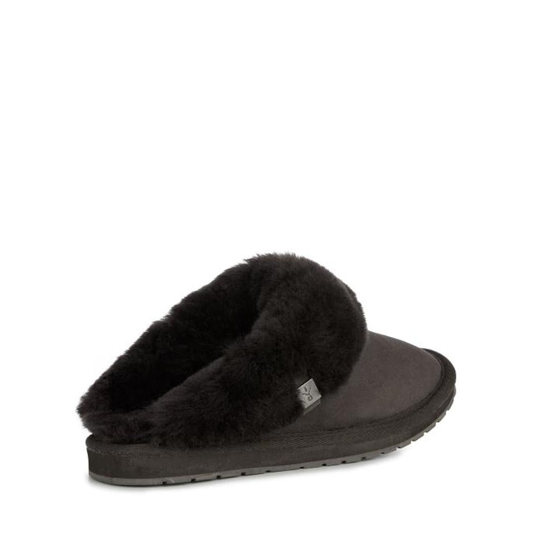 The EMU Women's Eden Platinum Sheepskin Charcoal Scuff Slipper is a single charcoal slip-on with a plush Australian sheepskin interior and flat sole, shown on a white background., 9330071338278, 9330071338285, 9330071338292, 9330071338308, 9330071338315, 