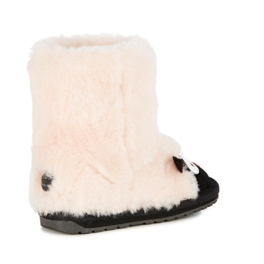 EMU NZ Kids Creatures Cream Lamb Wool Boots—mid-calf kids' boots with cozy Merino wool, fluffy cream look, black sole, white lace.  ksnz