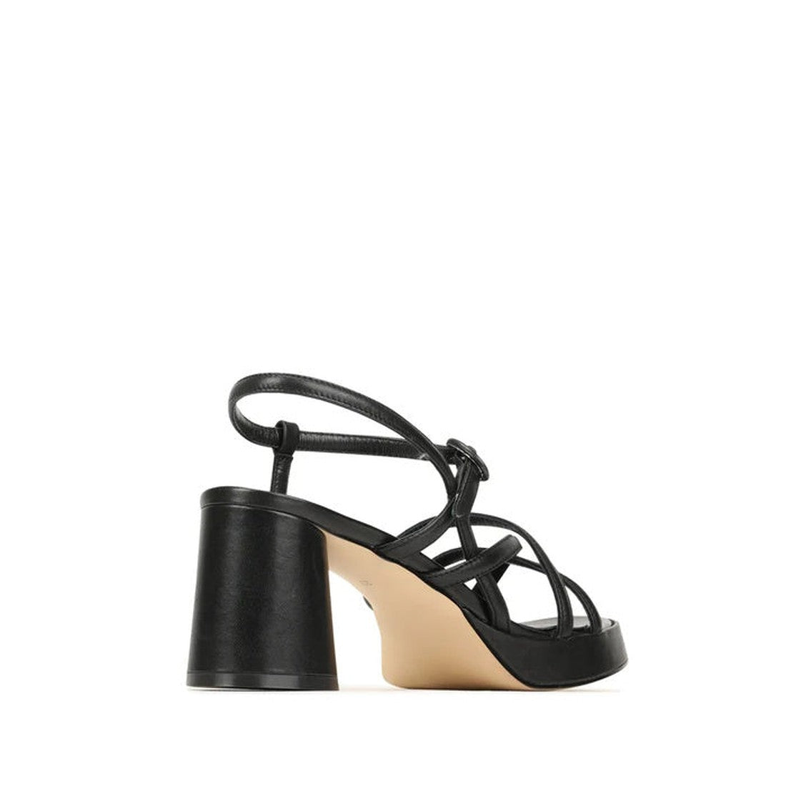 The EOS Womens Doriano Strappy Leather Sandal with Heel in black features strappy leather details, a thick flared block heel, and an open toe—an elegant update to classic heeled sandals, shown in side view on a white background., 41917, 9321191213842, 932