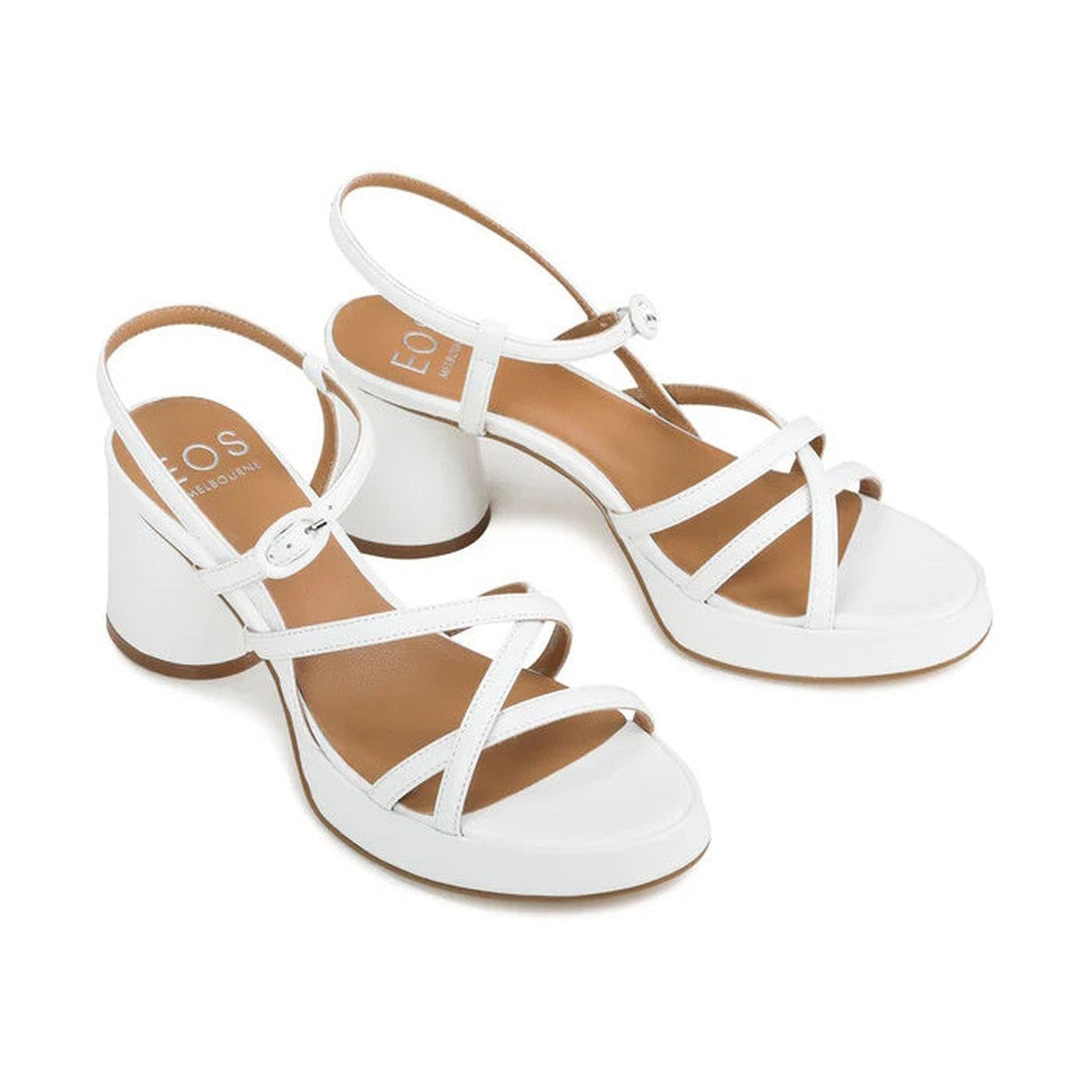 The EOS Womens Doriano Strappy Leather Sandal with Heel in white features a chunky heel, tan insole, and multiple thin white leather straps, including a buckled ankle strap., 41911, 9321191214054, 9321191214061, 9321191214078, 9321191214085, 9321191214092