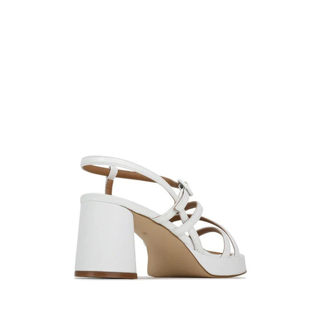 The EOS Womens Doriano Strappy Leather Sandal with Heel in white features a strappy leather design, thick block heel, and ankle strap. Shown from the side against a plain background., 41911, 9321191214054, 9321191214061, 9321191214078, 9321191214085, 9321