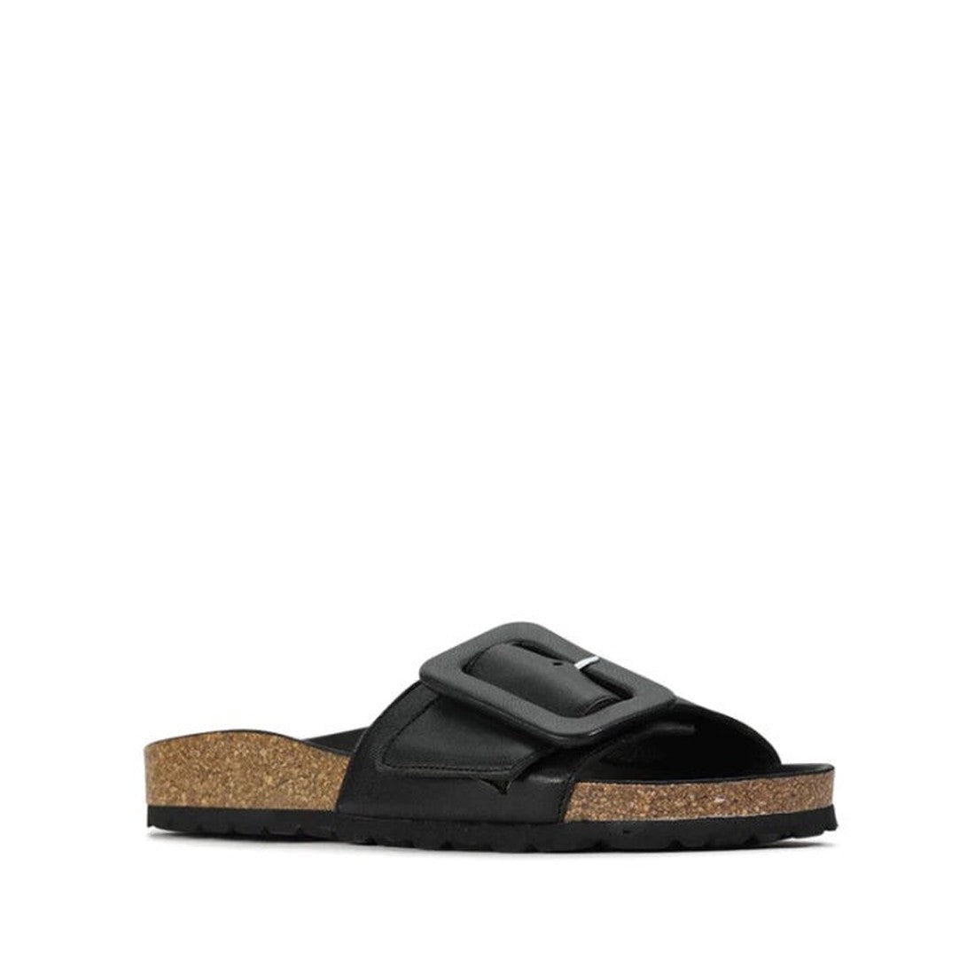 EOS Ginis Leather Single Strap Slide in black offers easy slip-on comfort, arch support, a big buckle, cork sole, and sturdy grip.  ksnz