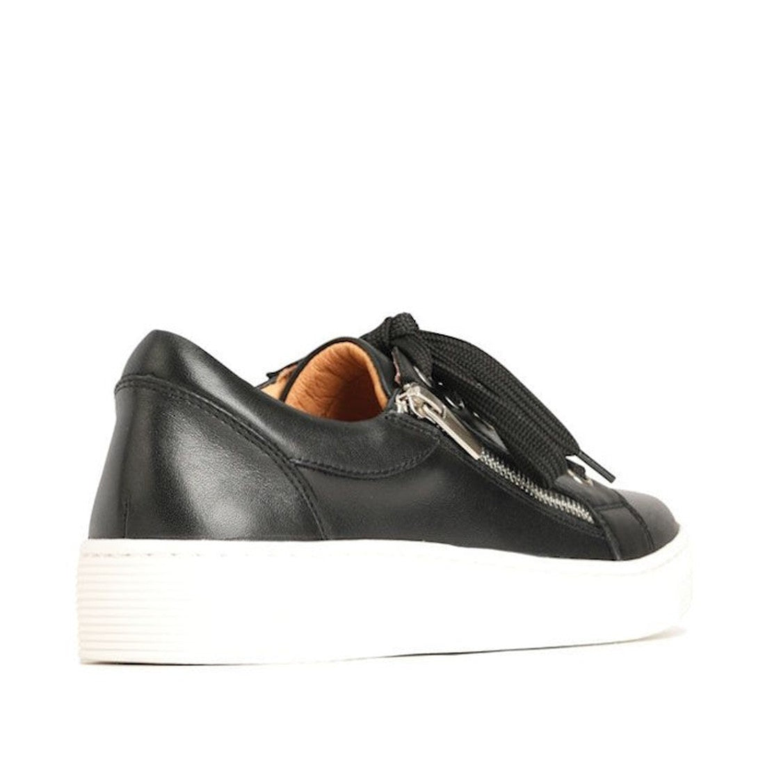 The EOS Joyce Leather Trainer is a black Italian aniline leather sneaker with a thick white sole, side zipper detail, anatomical insole, and black laces, shown from the back at a slight right angle., 9321191051628, 9321191051635, 9321191051642, 9321191051