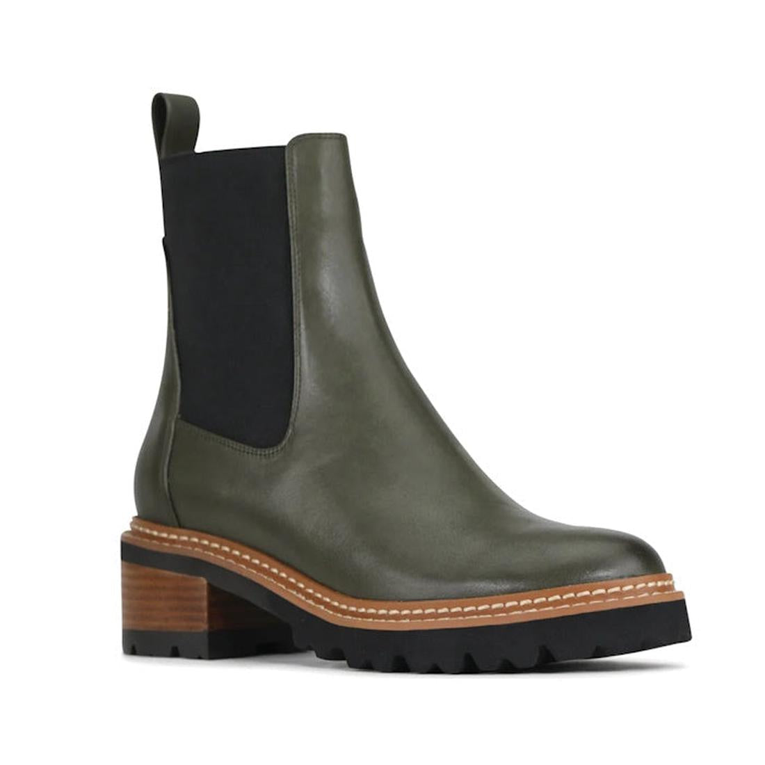 EOS Linear women’s boot in olive leather with side gussets, block heel, and lugged sole. Side View of Right Foot
