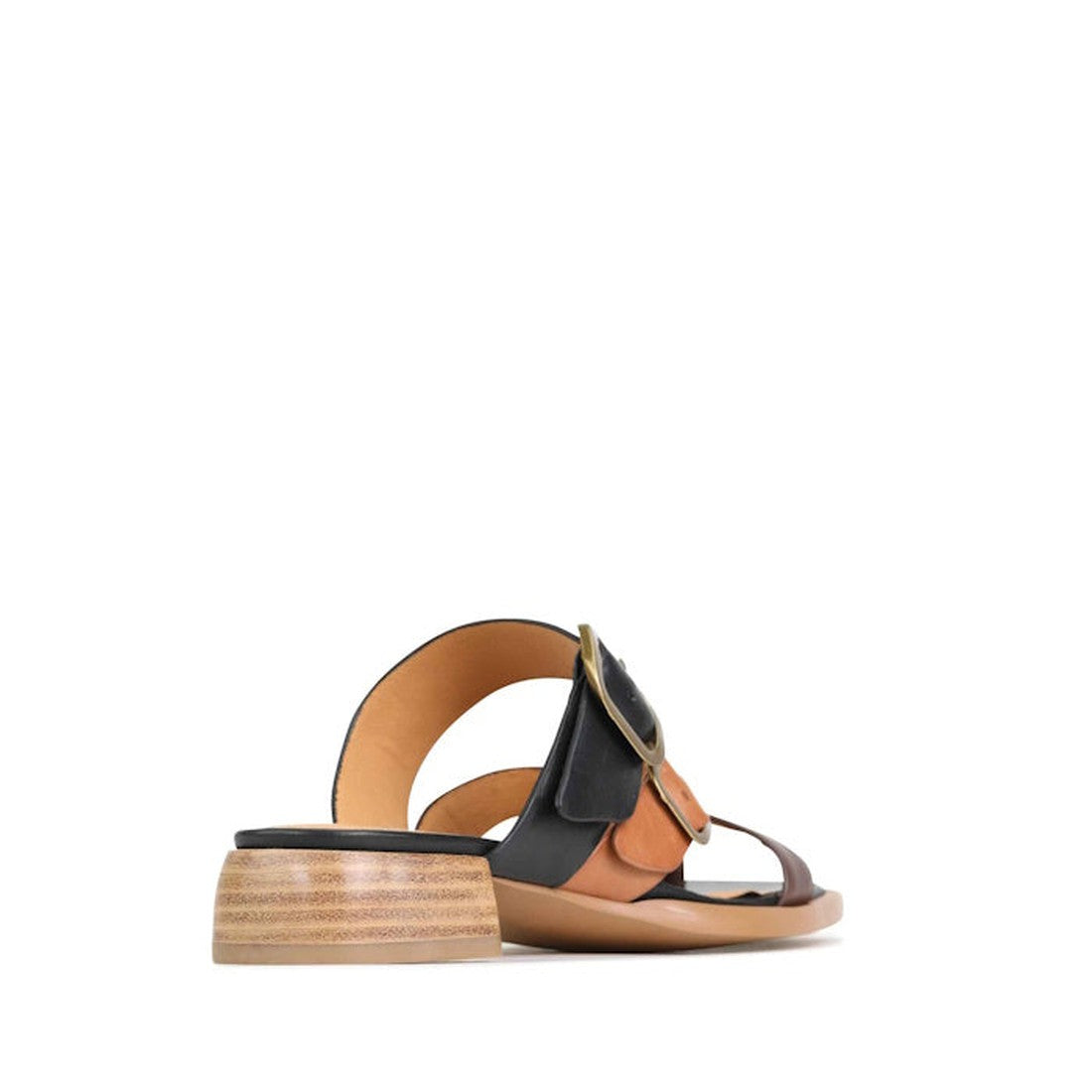 The EOS Teia Black/Brandy/Coconut Low Heeled Sandal Slide features an open toe, wide multicolored cashmere leather straps, and a low stacked wooden block heel, shown from the back on a plain white background., 9321191143965, 9321191143972, 9321191143989, 