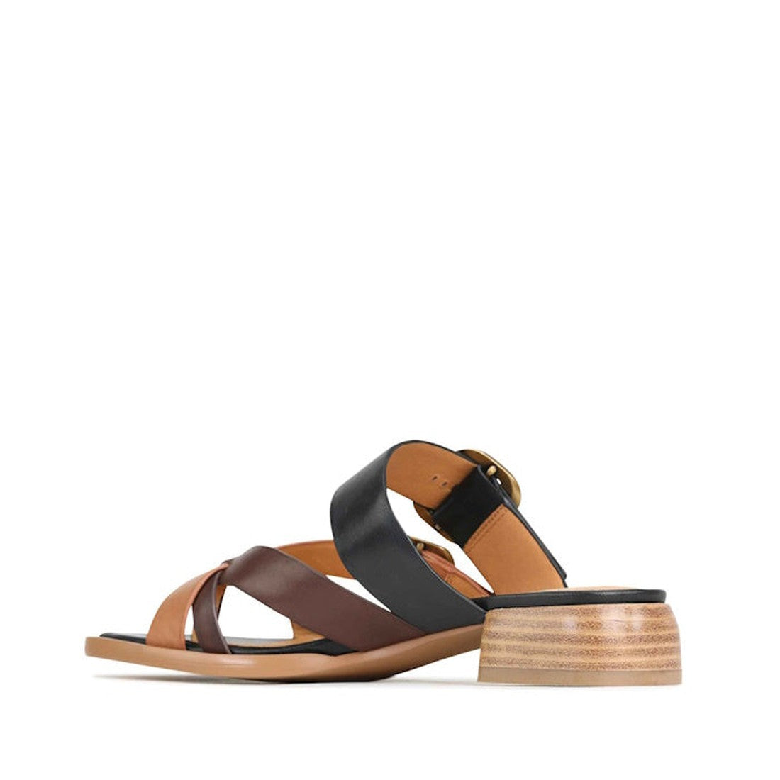 The EOS Teia Black/Brandy/Coconut Low Heeled Sandal Slide features black, brown, and tan leather straps, an open toe, a low stacked wooden block heel, and a gold-buckled ankle strap. Photographed from the side on a white background., 9321191143965, 932119