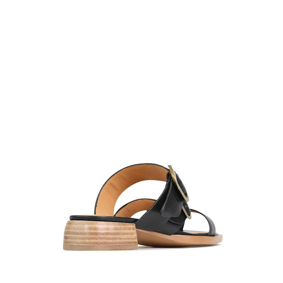 The EOS Teia Black Low Heeled Sandal Slide features two black leather straps, a large buckle detail, and a low stacked wooden block heel, blending classic style with modern comfort. Shown from the back., 9321191143897, 9321191143903, 9321191143910, 33736,