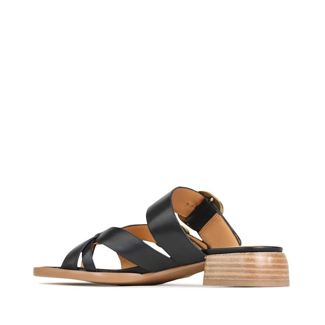 The EOS Teia Black Low Heeled Sandal Slide features crisscross cashmere leather straps, an open toe, ankle buckle strap, and a low stacked wooden heel, shown from the side against a white background., 9321191143897, 9321191143903, 9321191143910, 33736, 93