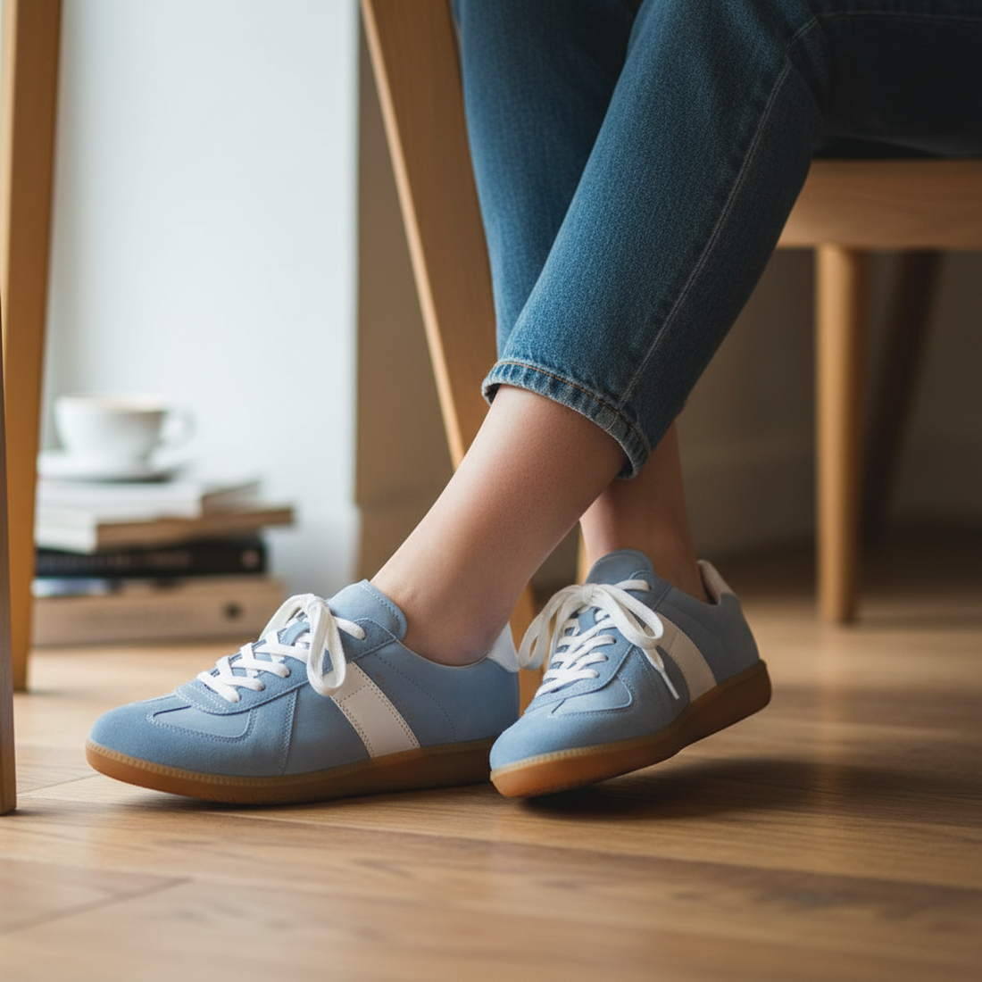 EOS Melbaa Sky Suede Leather Lace Up Trainers in soft blue, with white laces and stripe, shown by a cozy chair and family books.  ksnz