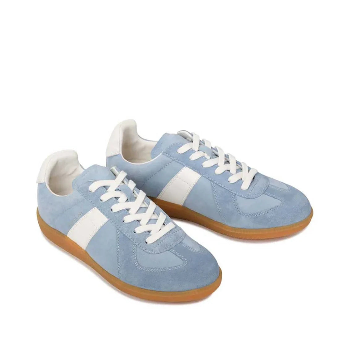 The EOS Melbaa Sky Suede Leather Lace Up Trainer features light blue suede, white laces, side stripes and heel tabs, plus light brown gum soles; casual t-toe sneakers displayed on a white background., 41698, 9321191224558, 9321191224565, 9321191224572, 93