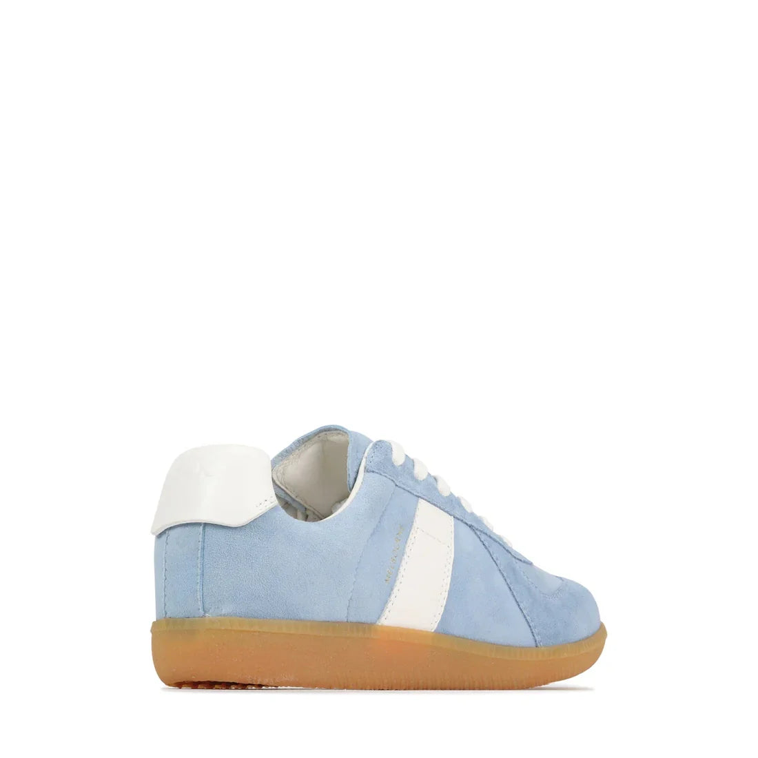 The EOS Melbaa Sky Suede Leather Lace Up Trainer features a light blue upper, white heel tab, white side stripe, white laces, and a gum rubber sole, displayed in a rear side view against a white background., 41698, 9321191224558, 9321191224565, 9321191224